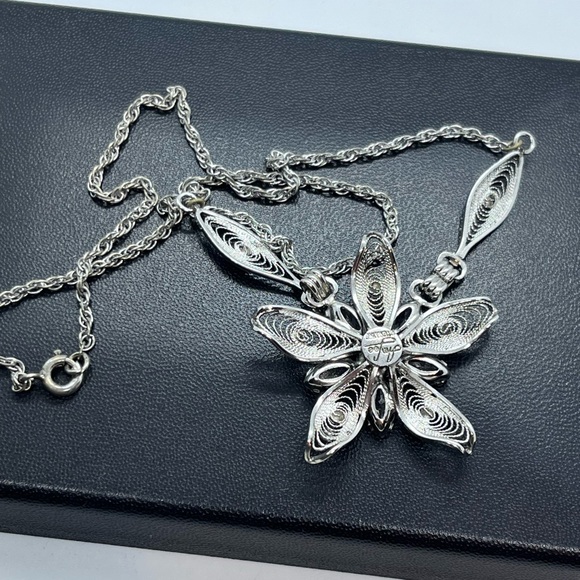 Am Lee sterling silver filigree rhinestone flower adjustable necklace rope chain - Picture 4 of 13